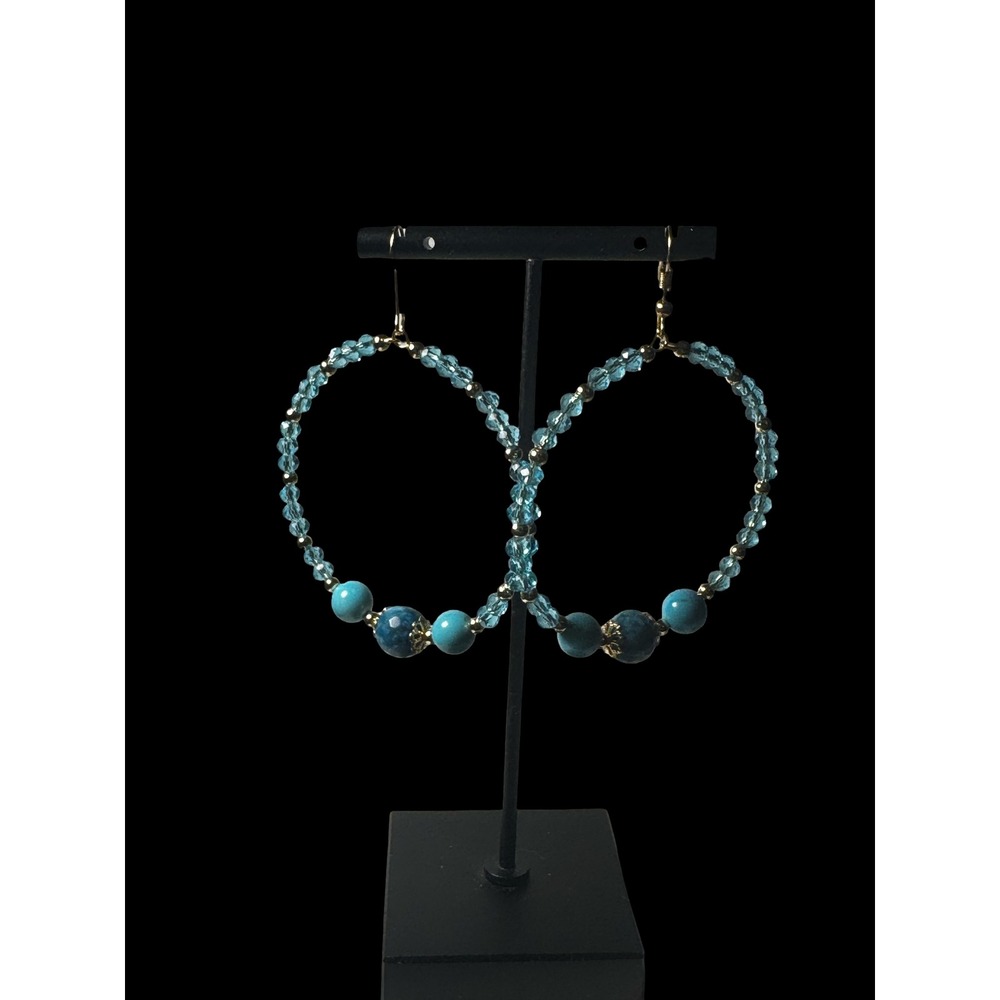 Blue Glass Beaded Hoop Earrings, Turquoise Dangle, Boho Lightweight Statement